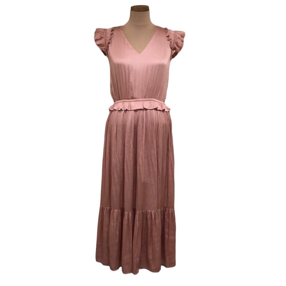 Current Air Ruffle Flutter Sleeve Midi Dress Size Small Rose Tan Pink